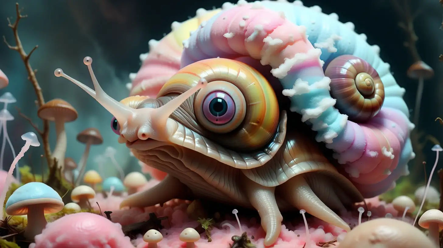 Whimsical Snail with Mushrooms and Tentacles in Pastel Rainbow Colors