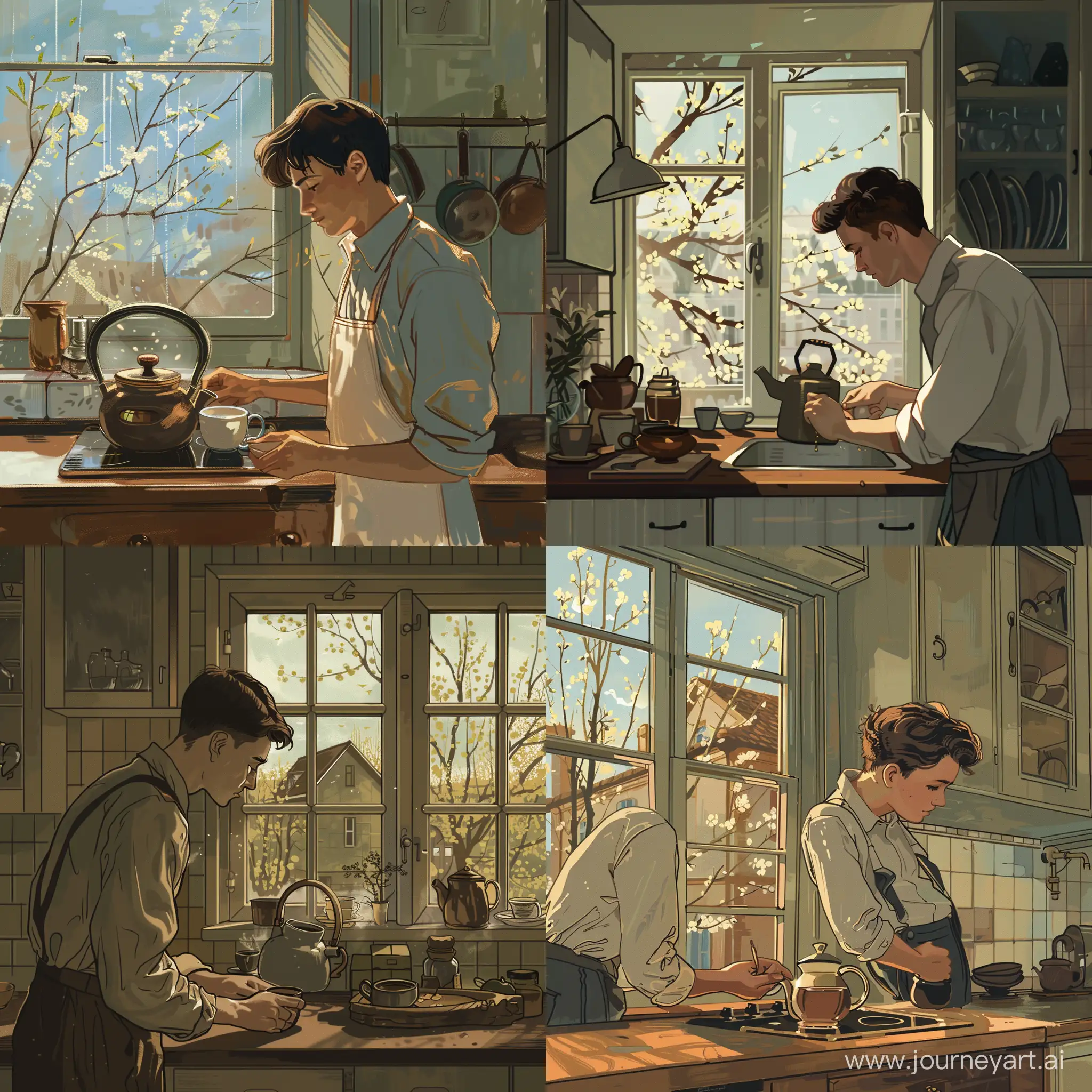 Young-Man-Making-Tea-in-1935-Kitchen-Spring-Atmosphere