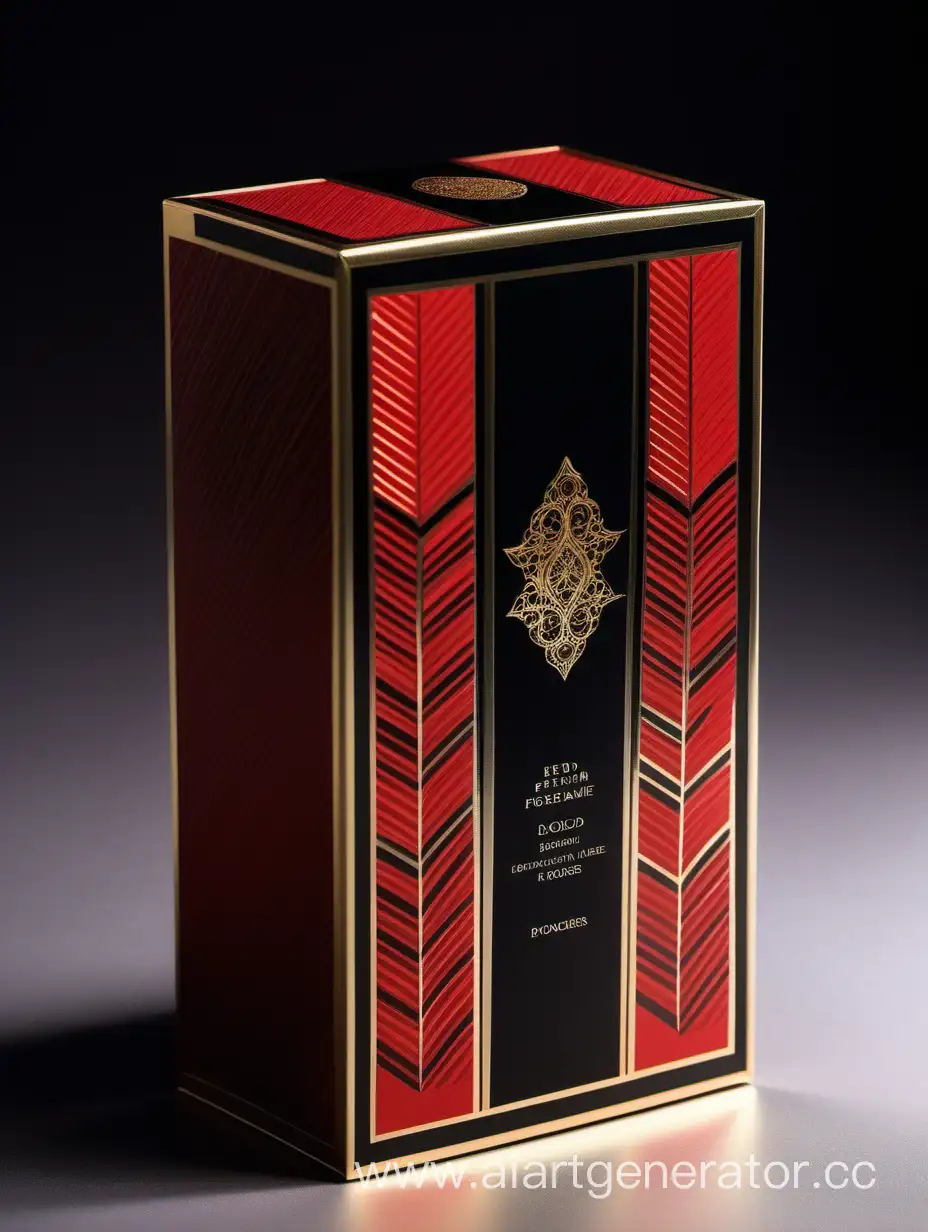 Elegant-Red-and-Black-Perfume-Packaging-with-Gold-Decorative-Borders-Luxury-Scent-Box