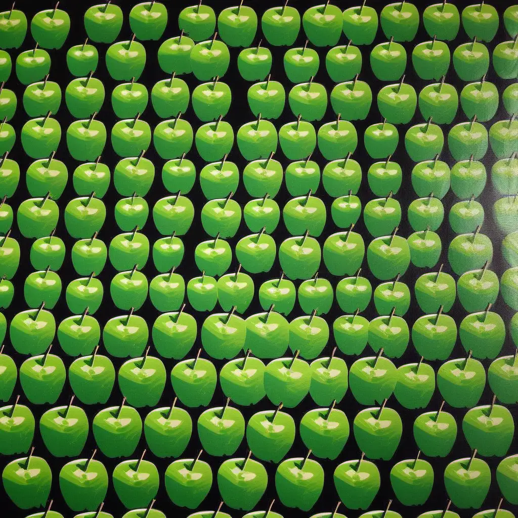 /imagine prompt HAND PRINTED, SIMPLE, DOZENS OF green apples , ANDY WARHOL INSPIRED