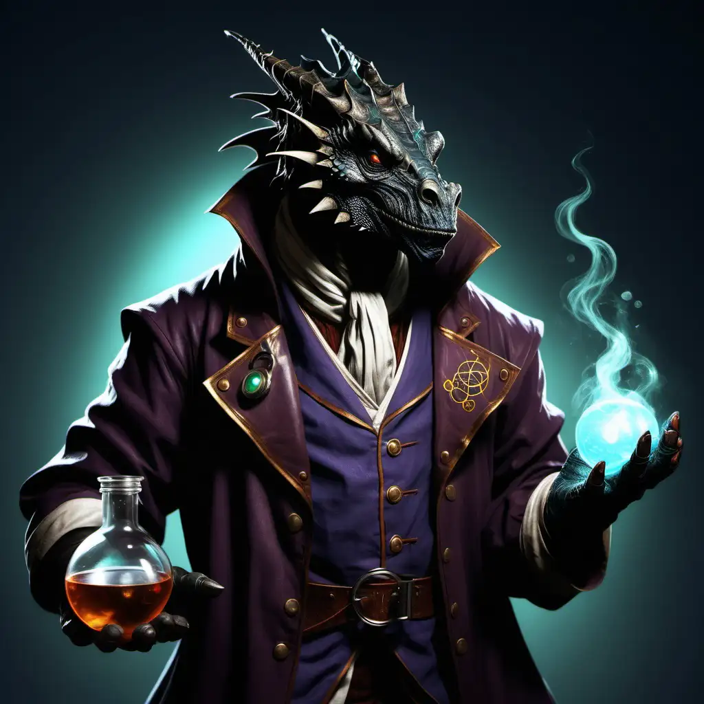 Older Black Dragonborn alchemist mad scientist 