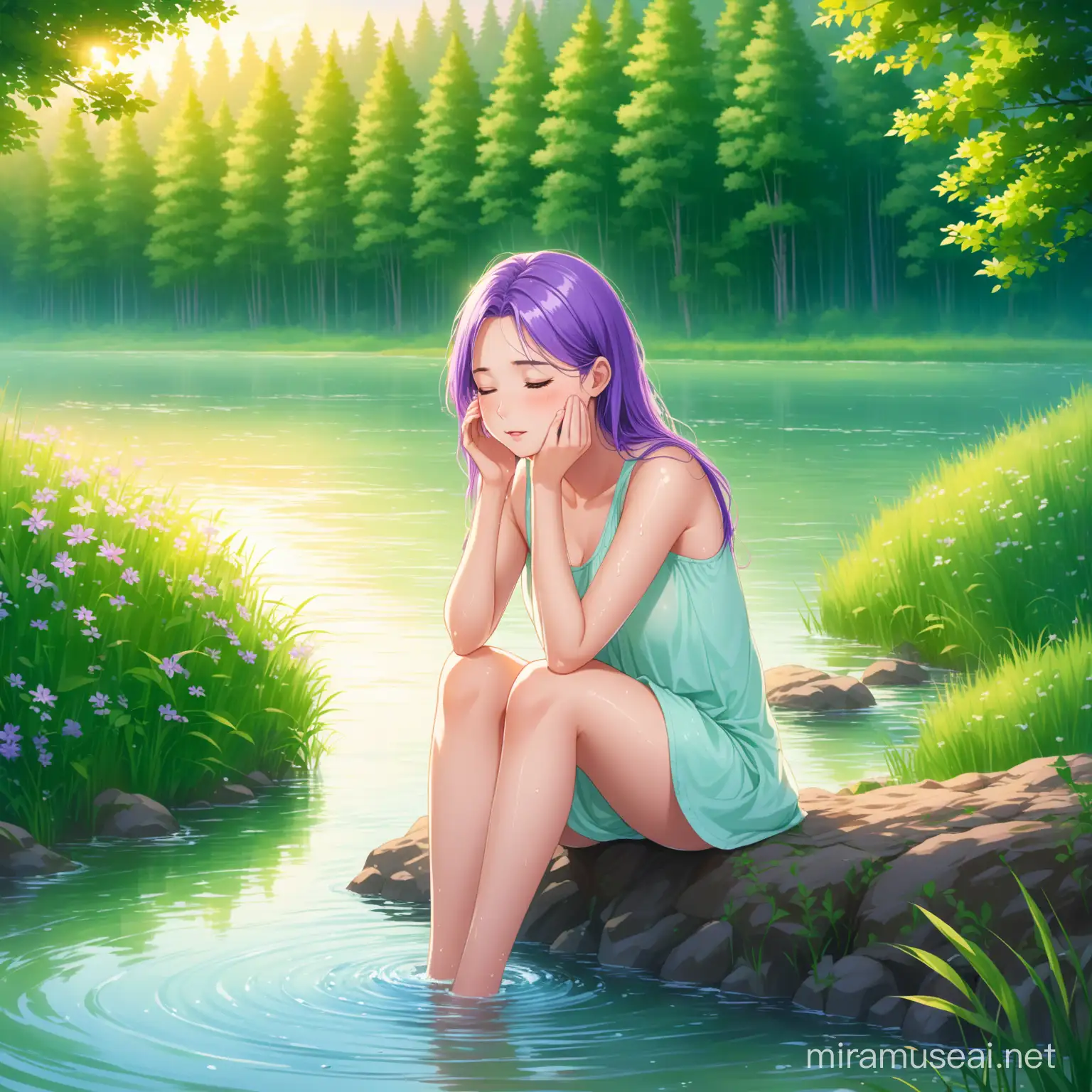 very sleep-deprived beautiful girl with purple hair sitting on the river bank and washing her face in the river, very early morning, in the background is a spring green beautiful forest