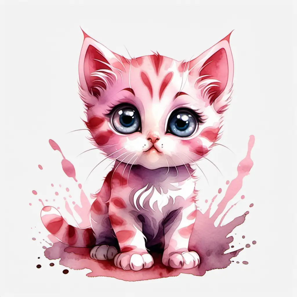 Adorable Pink Kitten with Enchanting Eyes in a Whimsical Watercolor Rendering