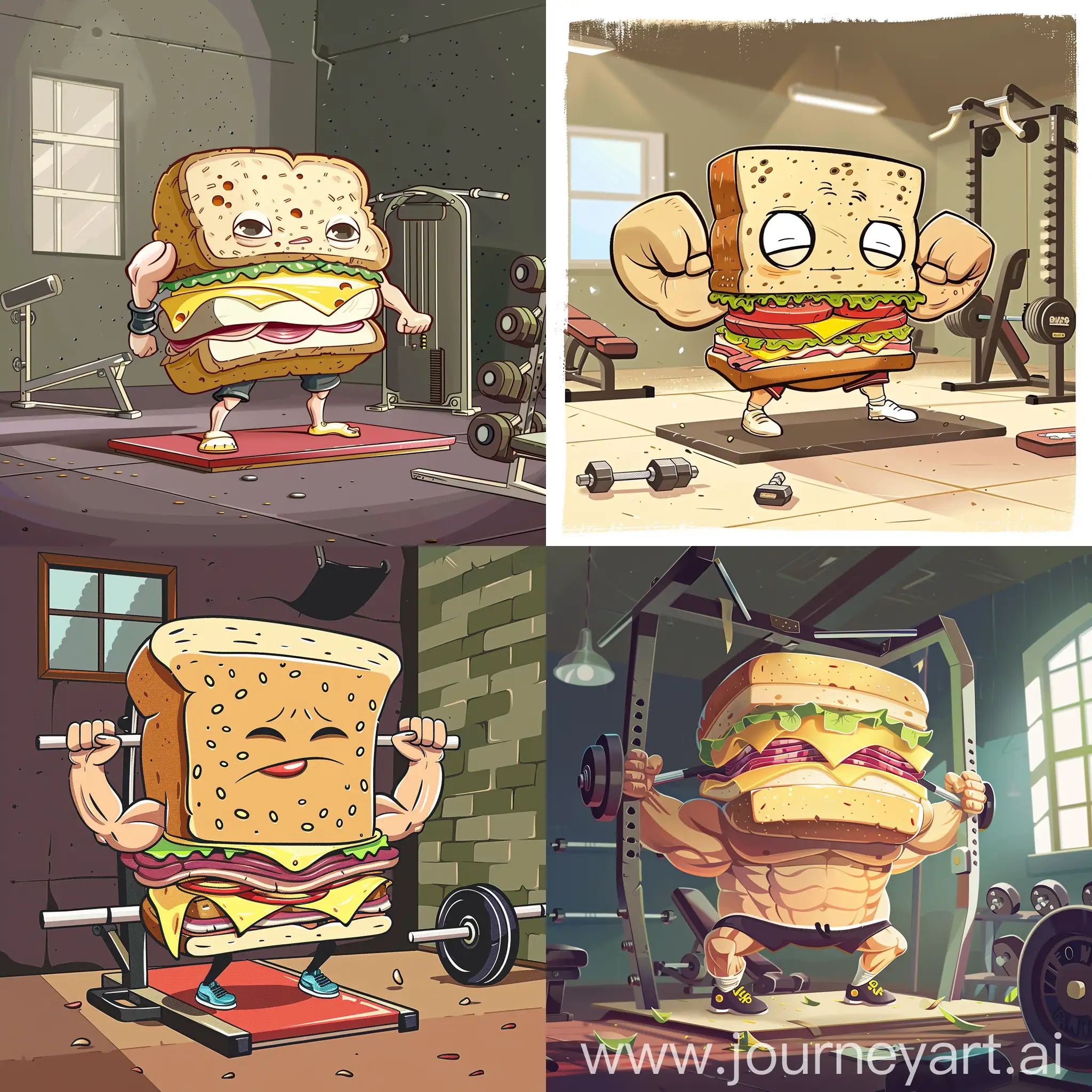 Cartoon image of a sandwhich with huge muscles working out at the gym