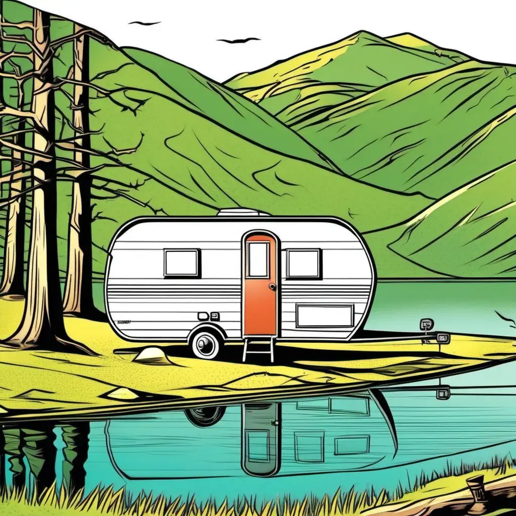Scenic Lakefront Caravan in Comic Style