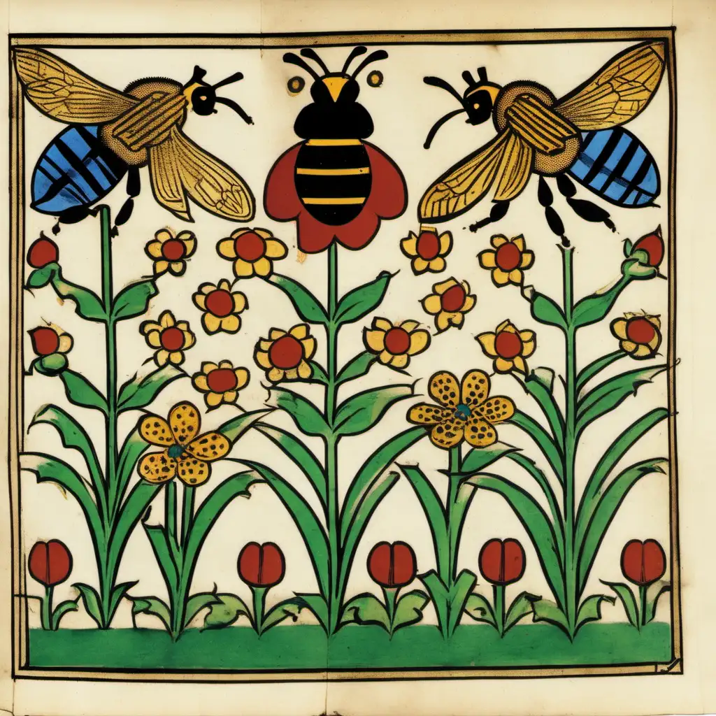 Medieval Codex Manesse Illustration Bees Gathering Nectar from Flowers