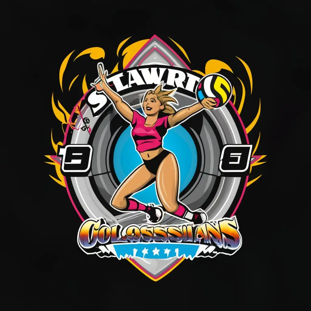 a logo design,with the text "Stalwart Colossians", main symbol:sexy girl spiking volleyball with steering wheel in background in full color,complex,be used in Sports Fitness industry,clear background