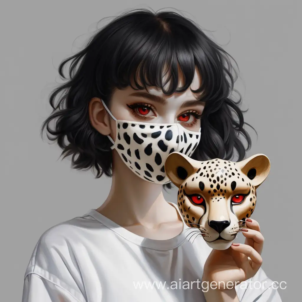 девушка со белой кожей, черными короткими слегка кудрявыми волосами, красными глазами держит в руке маску в виде морды гепарда и в белой рубашке