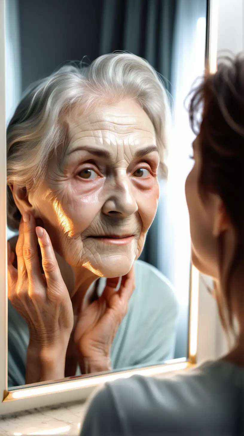 Radiant Reflection Elderly Woman Admiring Youthful Glow in Gorgeous Mirror