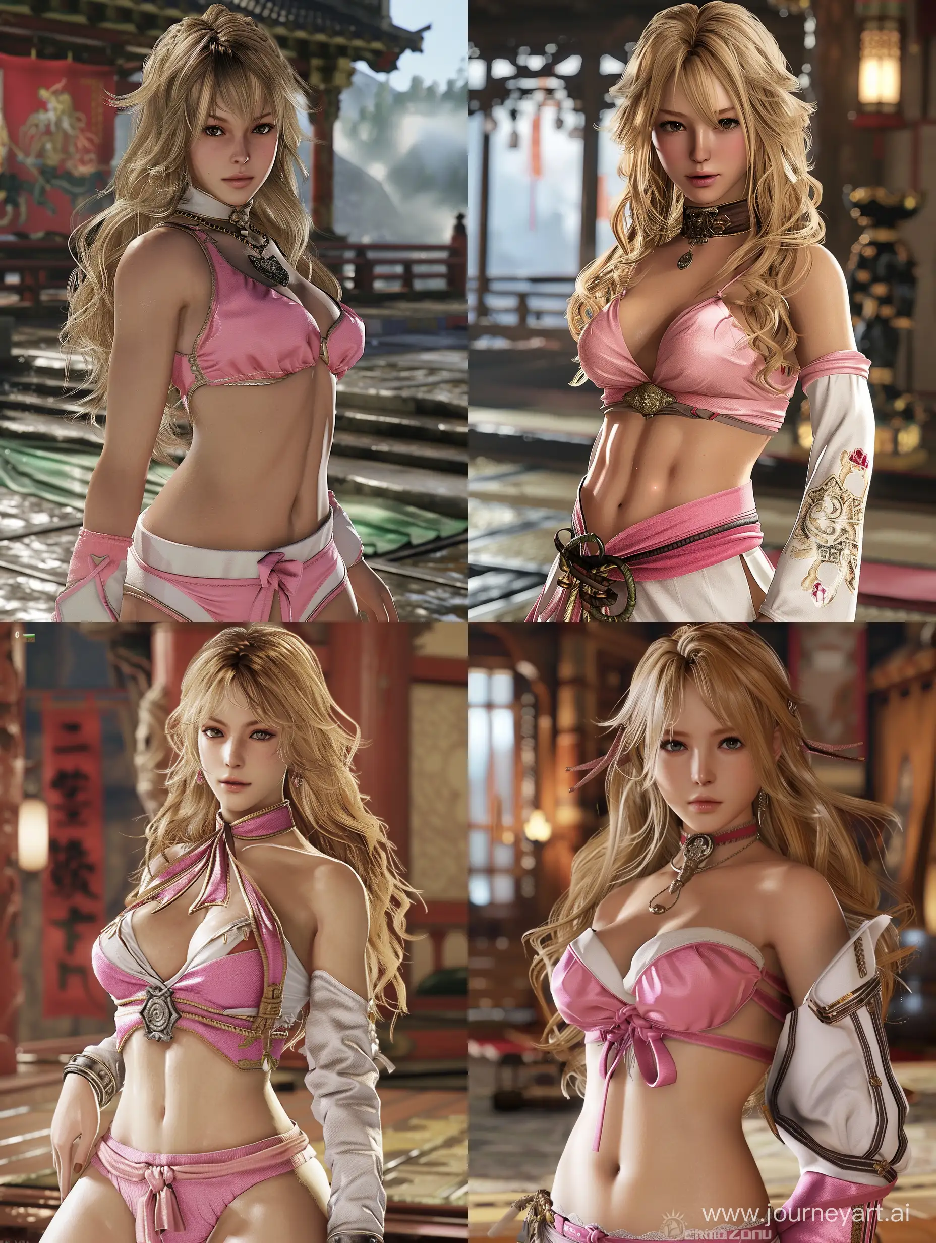 An incredibly flawless Josephine Langford with wavy blond hair wearing pink and white with an amulet nestled between her as femme fatale character in final fantasy Tekken Dead Or Alive gameplay screenshot lots of stomach full body flirty body language ar Image
