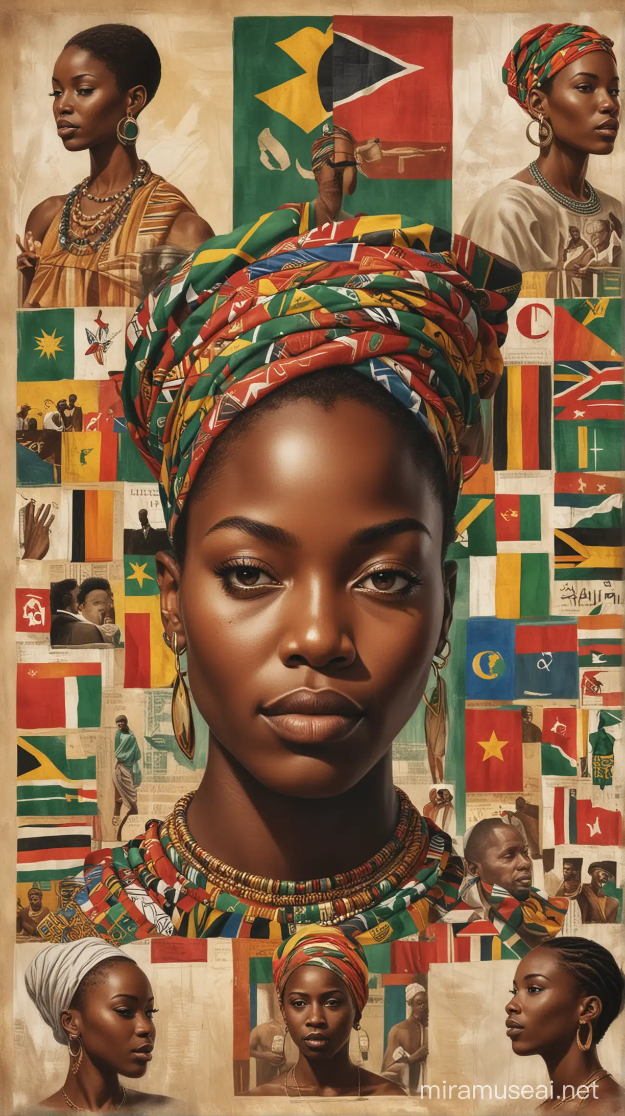 Create an image symbolizing the spirit of unity and pride in African heritage, featuring a collage of African flags and symbols of solidarity, encouraging Africans worldwide to embrace their true identity.