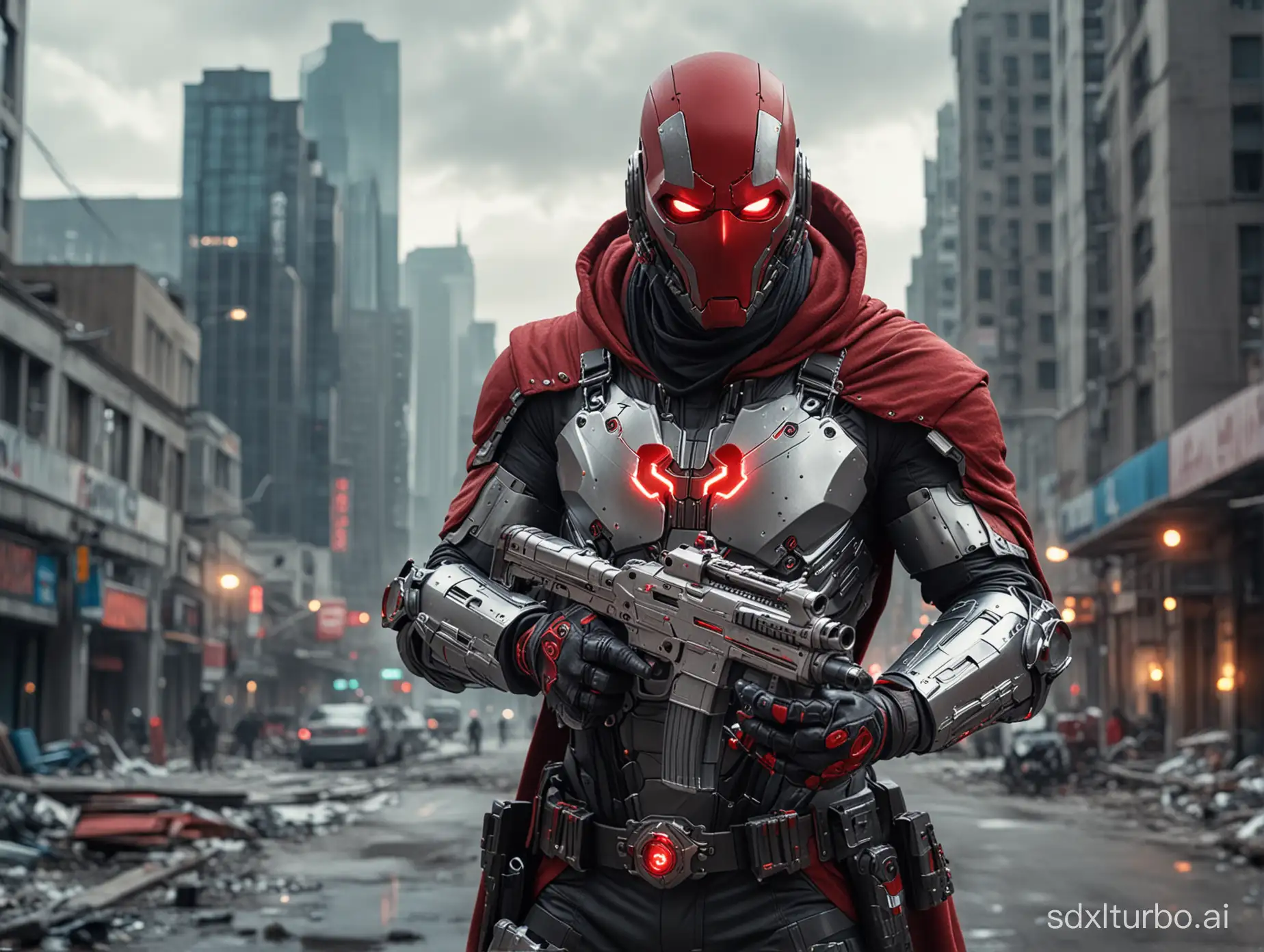 cinematic picture of a cyborg warrior in silver and red outfit, wearing a red mask, a red hood, have a laser gun attached on his hand, standing in the heart of a city