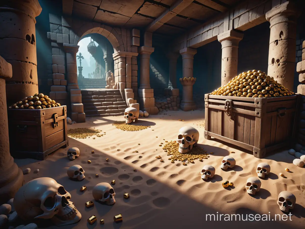high resolution image of an uncharted dungeon with skulls, bones and treasure on the ground