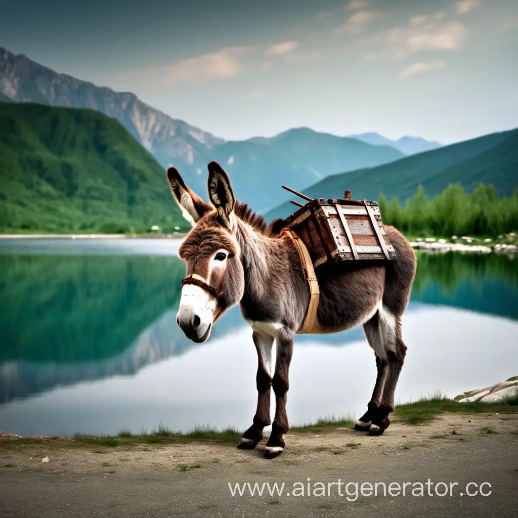 Lonesome-Donkey-by-the-Mountain-Lake-with-Chest