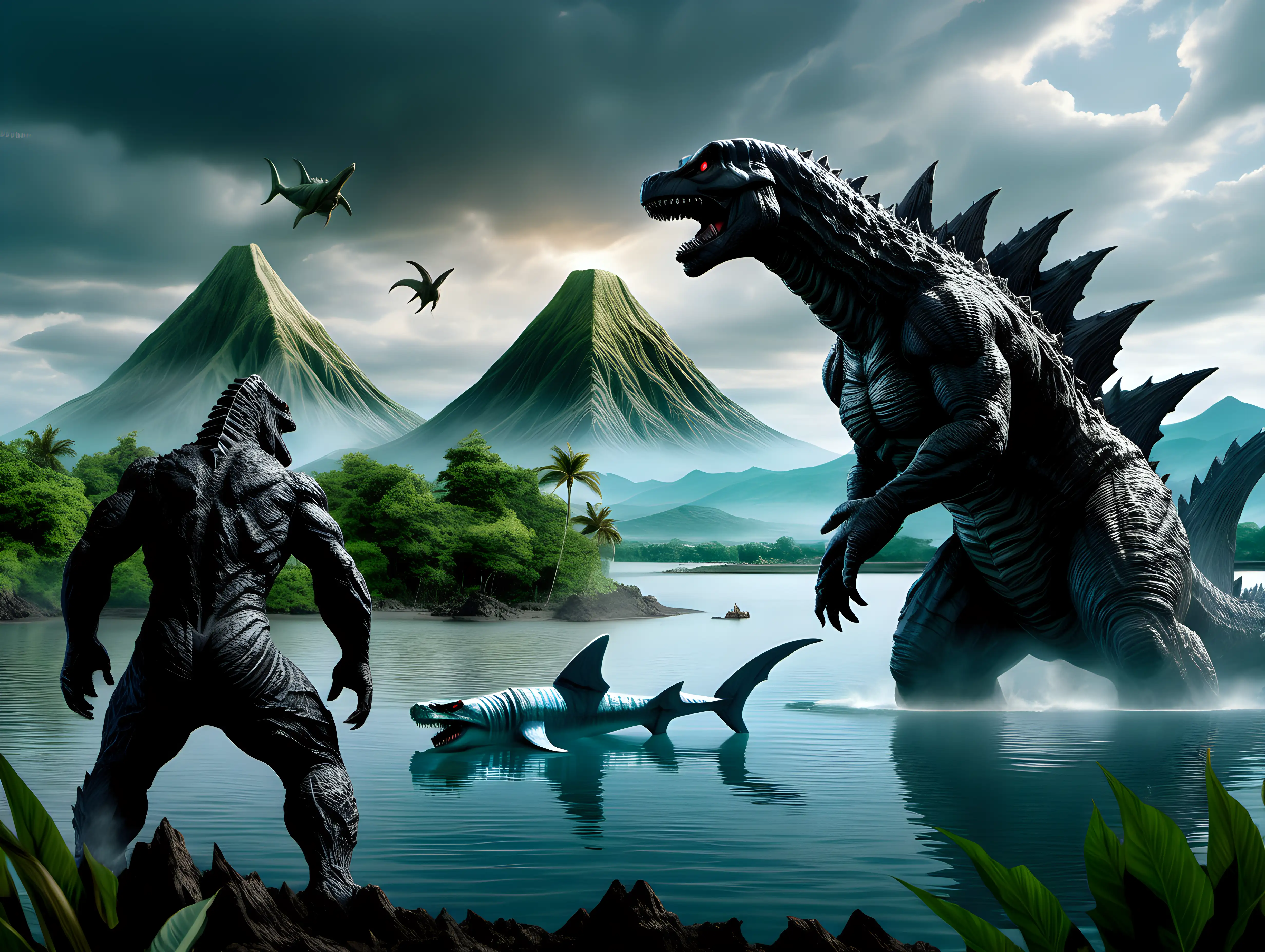 Epic Battle of Godzilla and Monster Shark Witnessing Dinosaur Kingdom