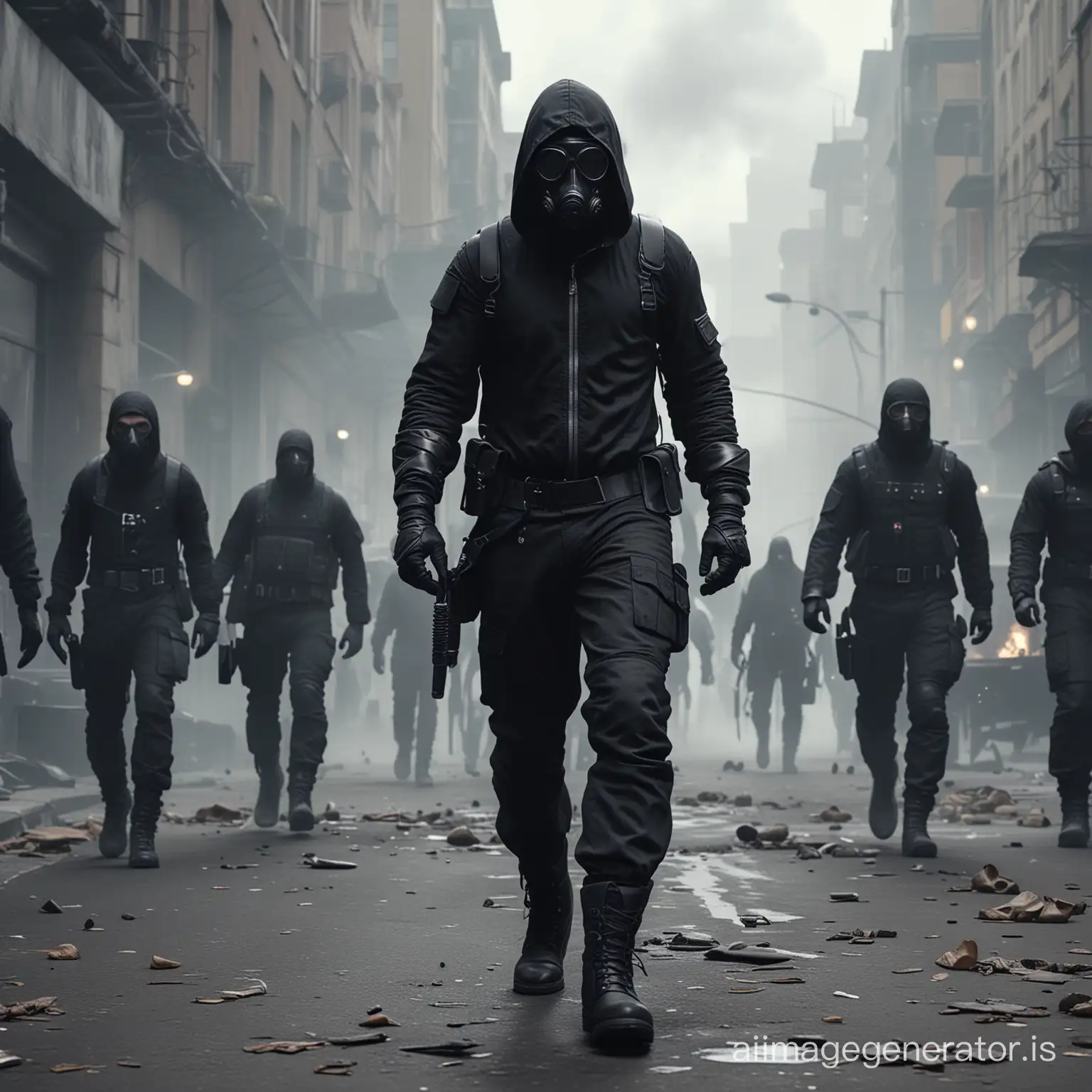 A man in black special clothing with black gloves in a gas mask with a black hood in black boots, and behind him follows a squad of armed people in black special clothing in the city. 4K, 8K, HDR, UNREAL ENGINE 5