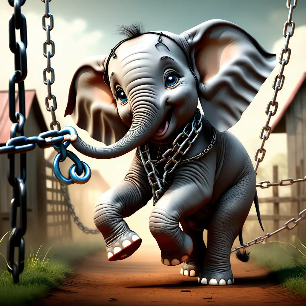 Create a 3D illustrator of an animated scene of a baby elephant tethered by a chain ferociously trying to get rid of the chain tethered on it's legs, but still the chain tethered on it's legs, in a farm. Beautiful and spirited background illustrations.