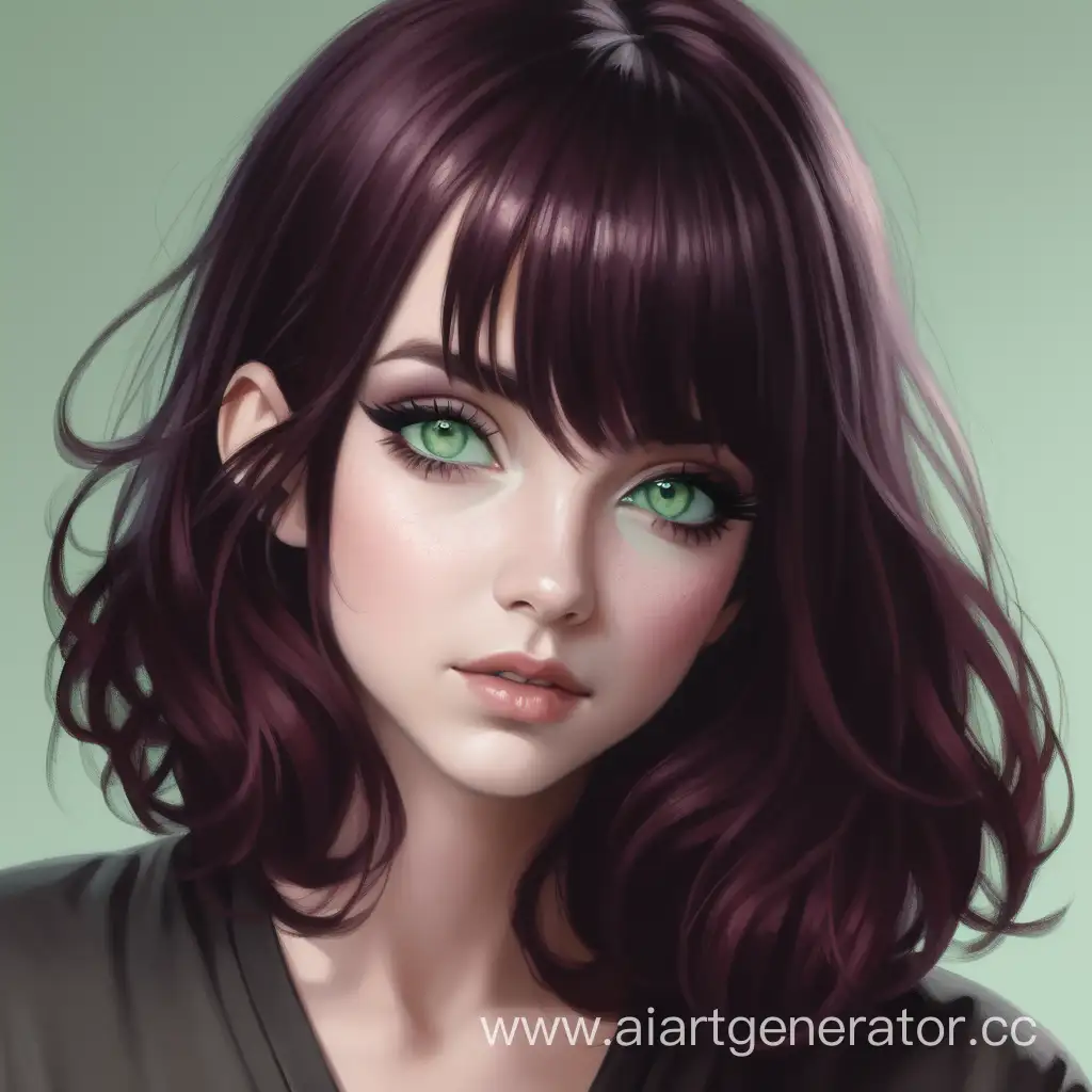 Woman, dark burgundy hair, pastel green eyes, full height