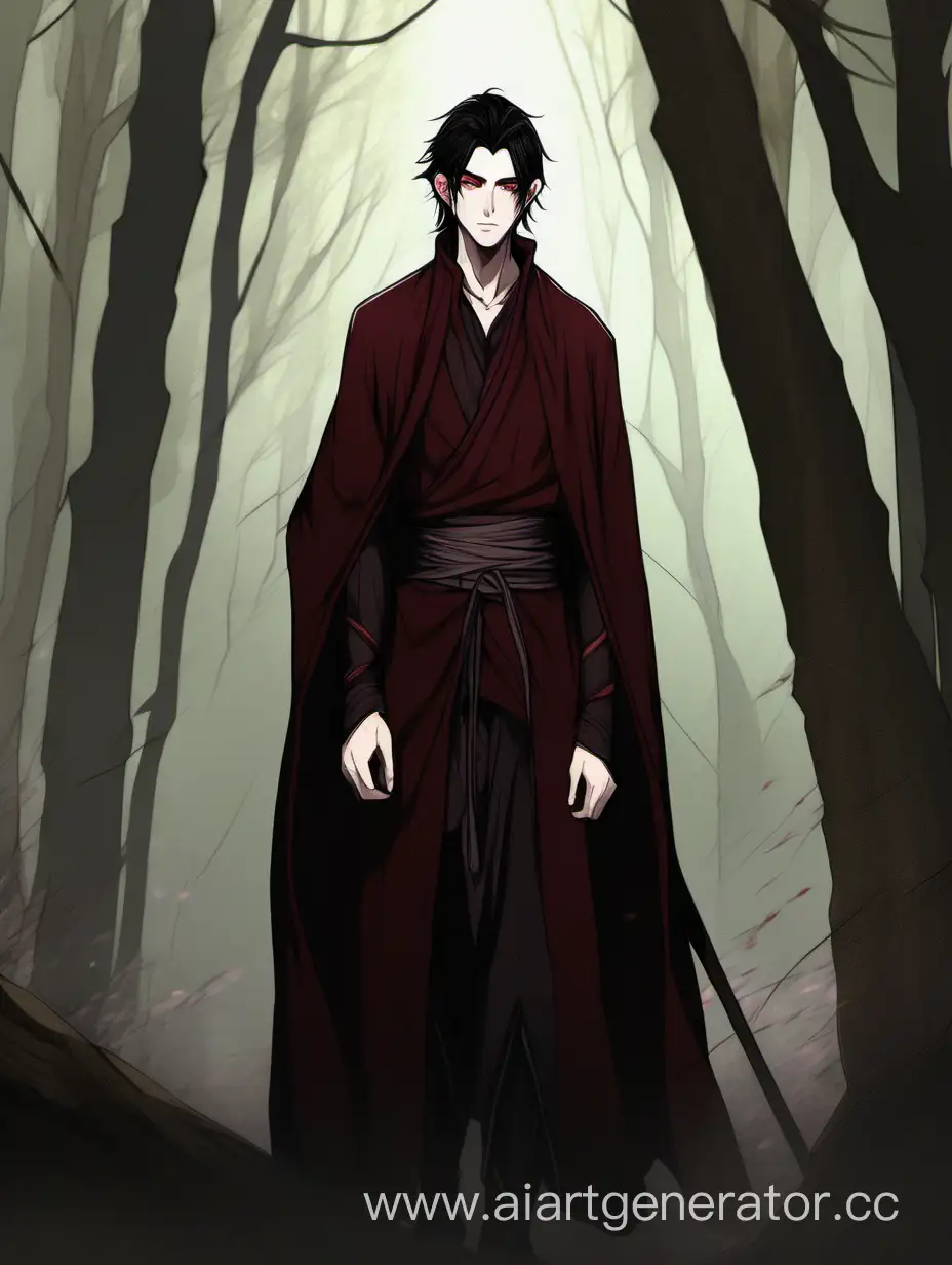 Male Elf, black hair, dark red eyes, pale skin, grunge hairstyle, narrow lips, The willow-brown color of the cloak, dark red haori, calm expression on his face, in forest
