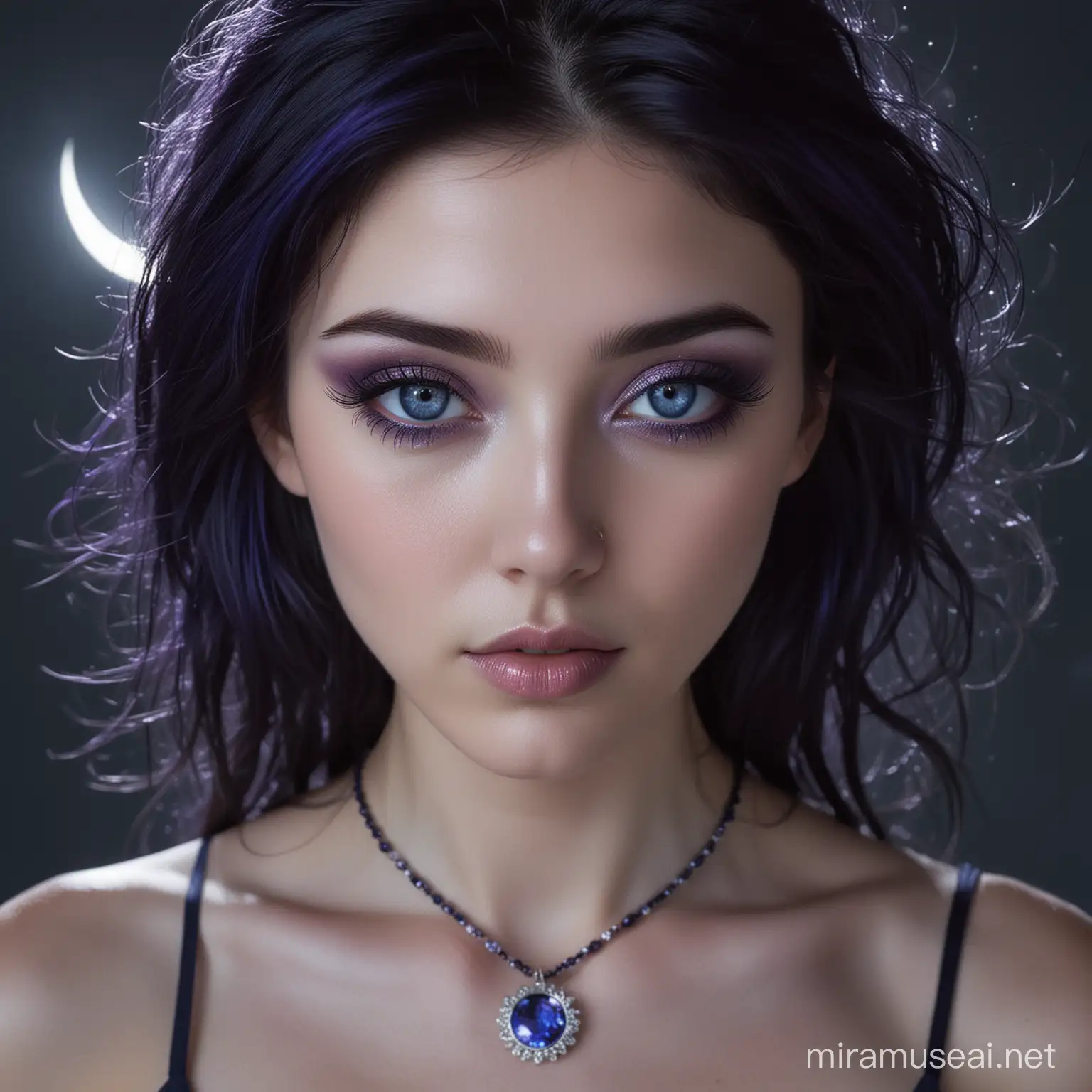  a girl who has black hair with silver streaks. Midnight blue eyes that seemed purple in moonlight, a small Sapphire amulet around her neck, shaped like an eclipse - a silver sun partially obscured by the moon, radiating a blend of purple and midnight blue hues, fair skin, smoky eyeshadow, long lashes, and a symmetrical face, she embodies an aura of mystery and elegance.