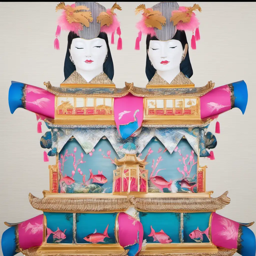 Elegant Woman Wearing a Pink Angel Fish Chinoiserie Pagoda Headdress