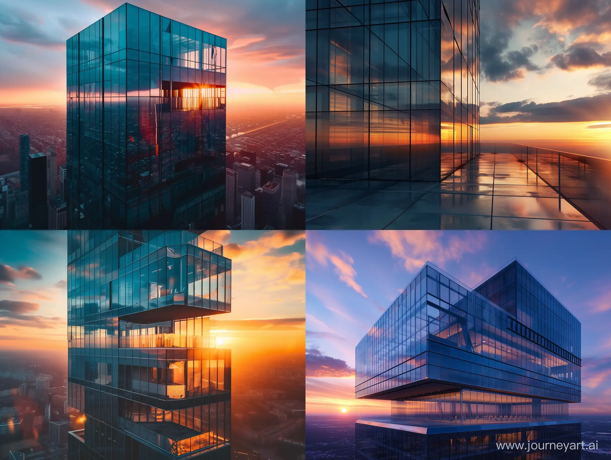 A cinematic photo of an abandoned modern glass skyscraper at sunset