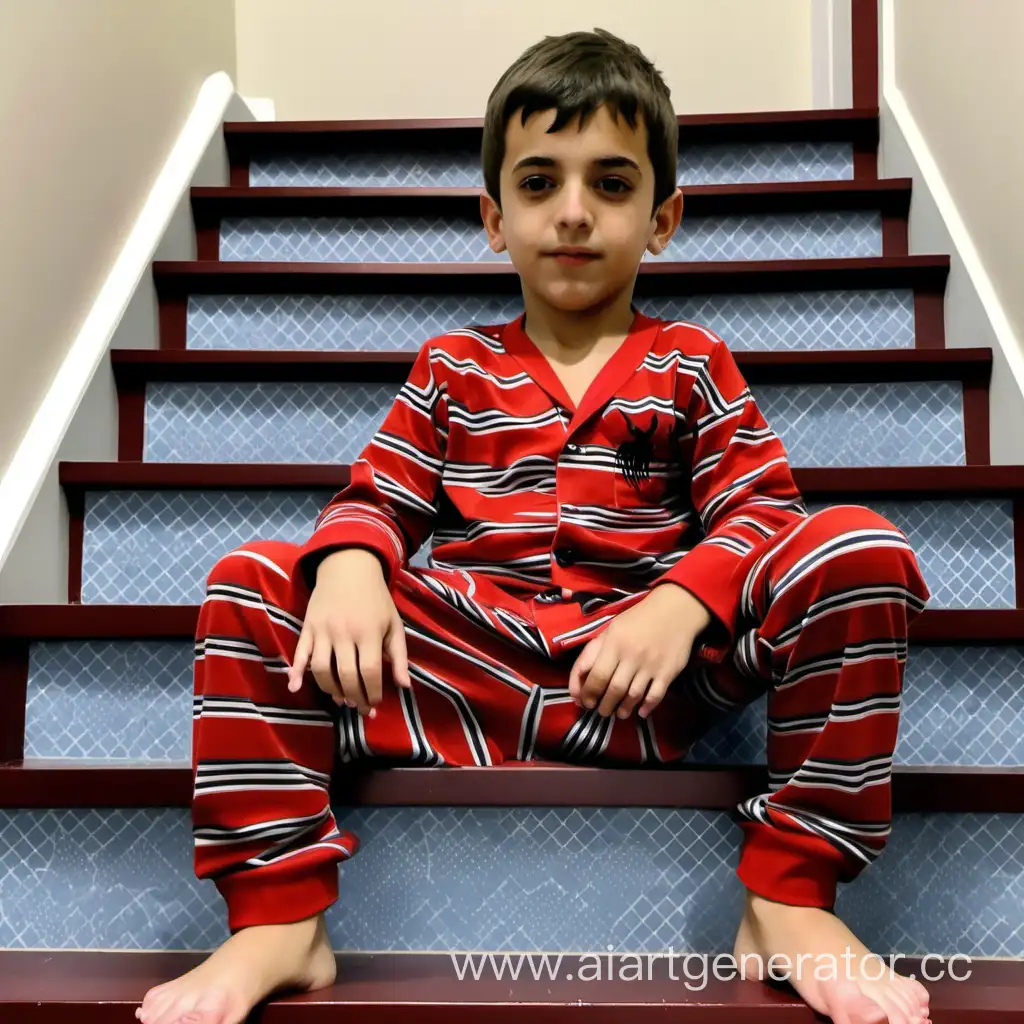 Albanian boy on pijamas sitting on a stair set with  five toes perfect feet show
