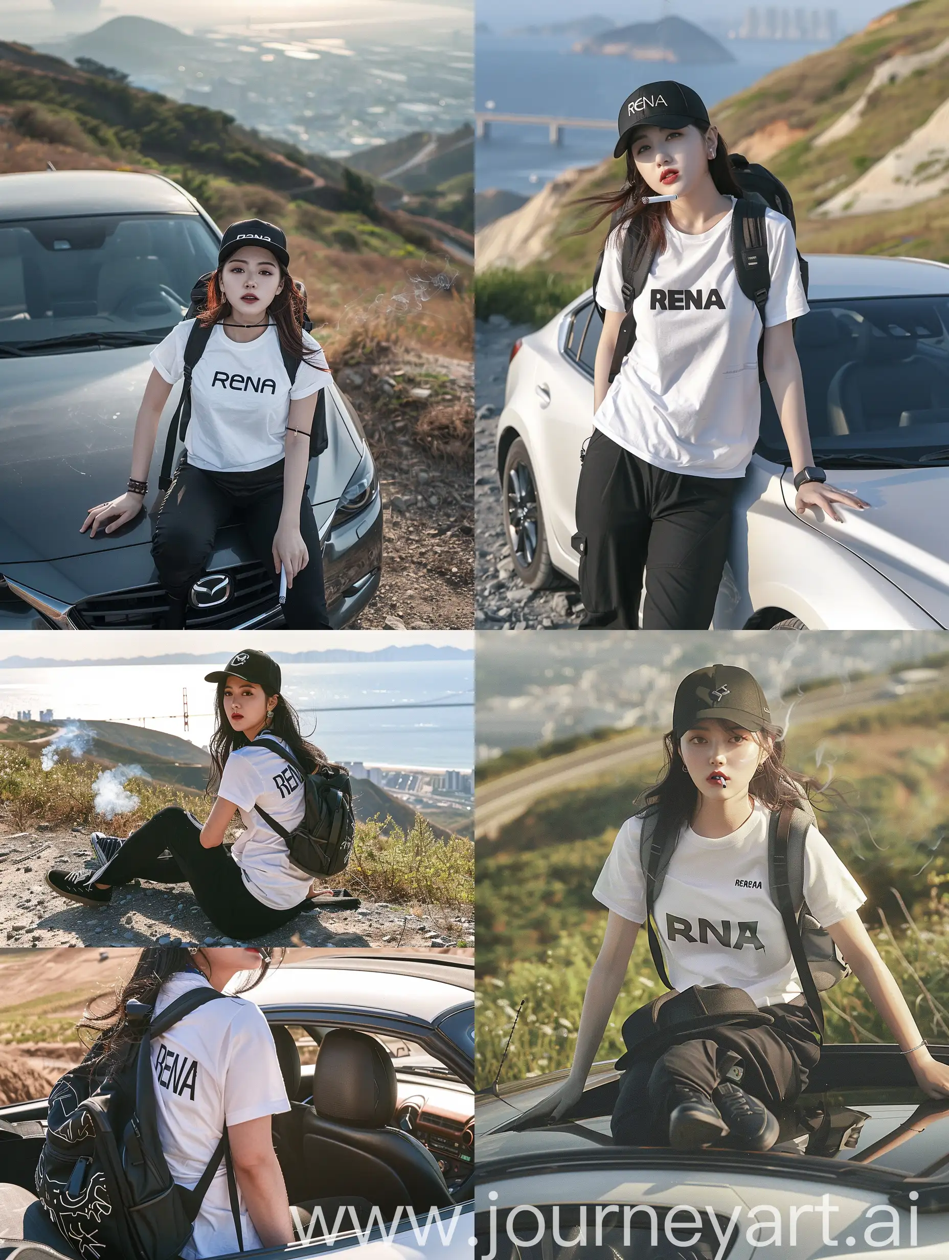 a 25 year old native Korean woman wearing a white t-shirt with a backpack bearing the name "RENA". black sneakers, black trousers, snap back hat, on top of the hill, background at the top of the hill, and the view from above, sitting in a Mazda car while smoking, facing the front, the picture was taken by the best professional photographer, everything looks very realistic and amazing