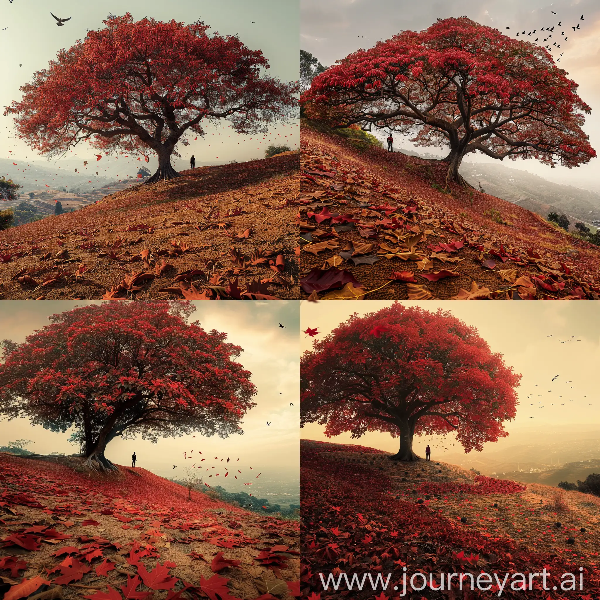 A big tree with red leaves on a hillside, coffee coloured hillside with a lot of fallen leaves, a man standing under a big tree, distant view, birds flying by in the distance, high definition image quality, masterpiece of photography