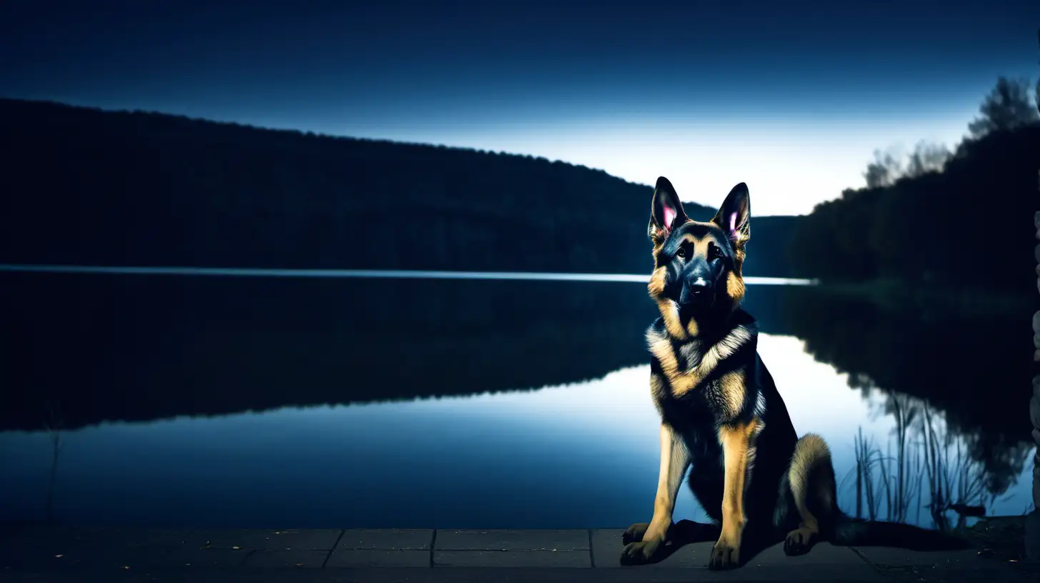 German Shepherd sitting near lake, blue dark night.  Blue shadows