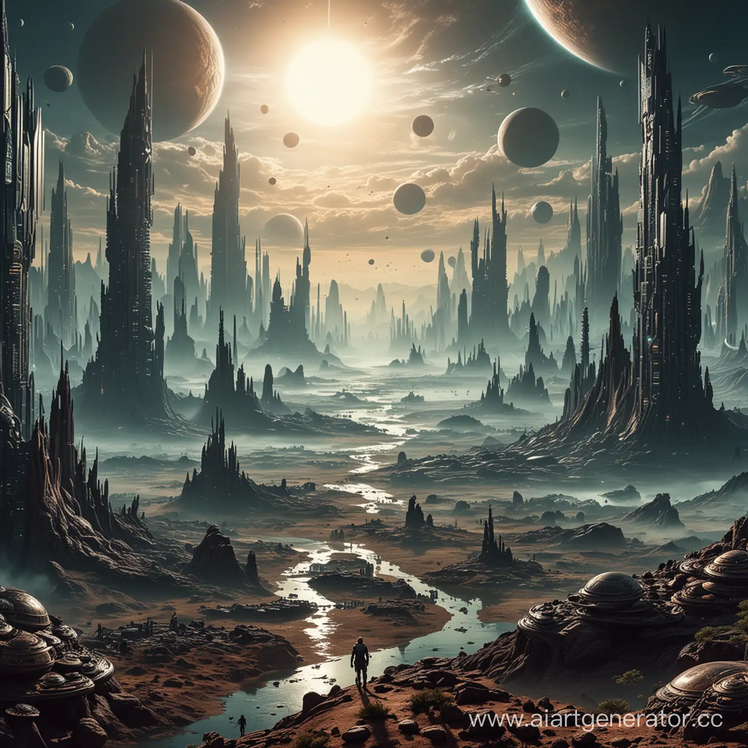 A surreal planet with a megalopolis of aliens