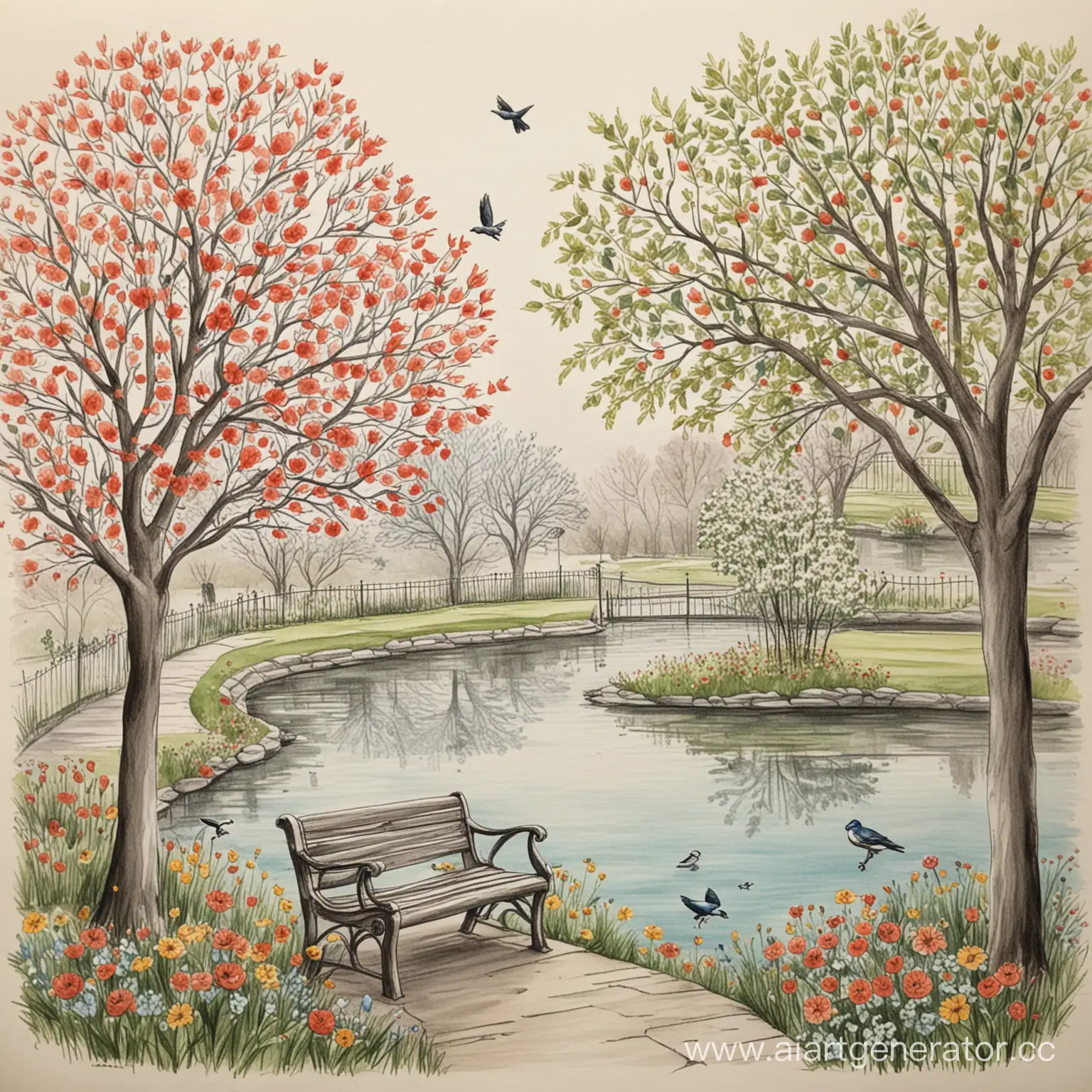 Нарисуй парк, где обязательно есть яблоня, птицы на деревьях, лавочка, цветы и пруд