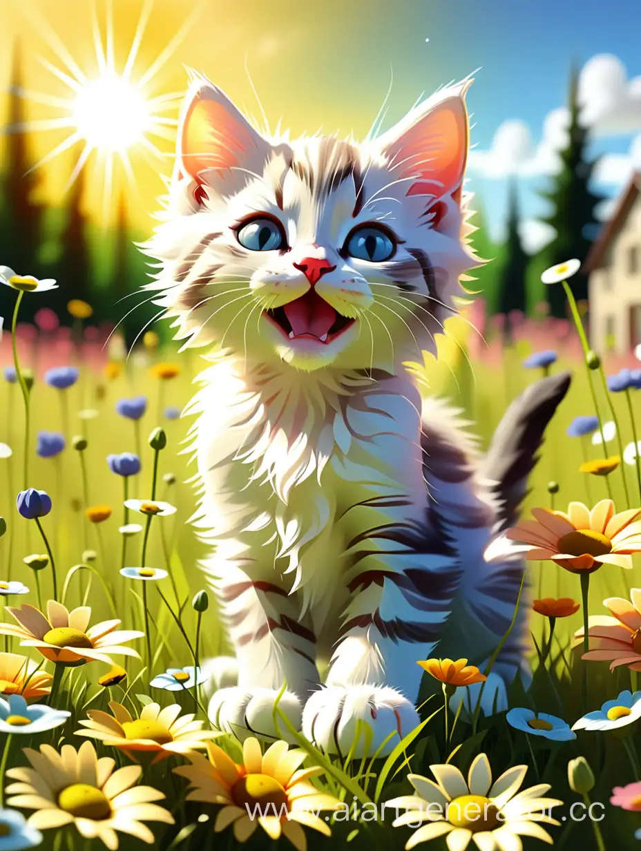 Sunlit-Morning-Playful-Kitten-in-Flower-Meadow