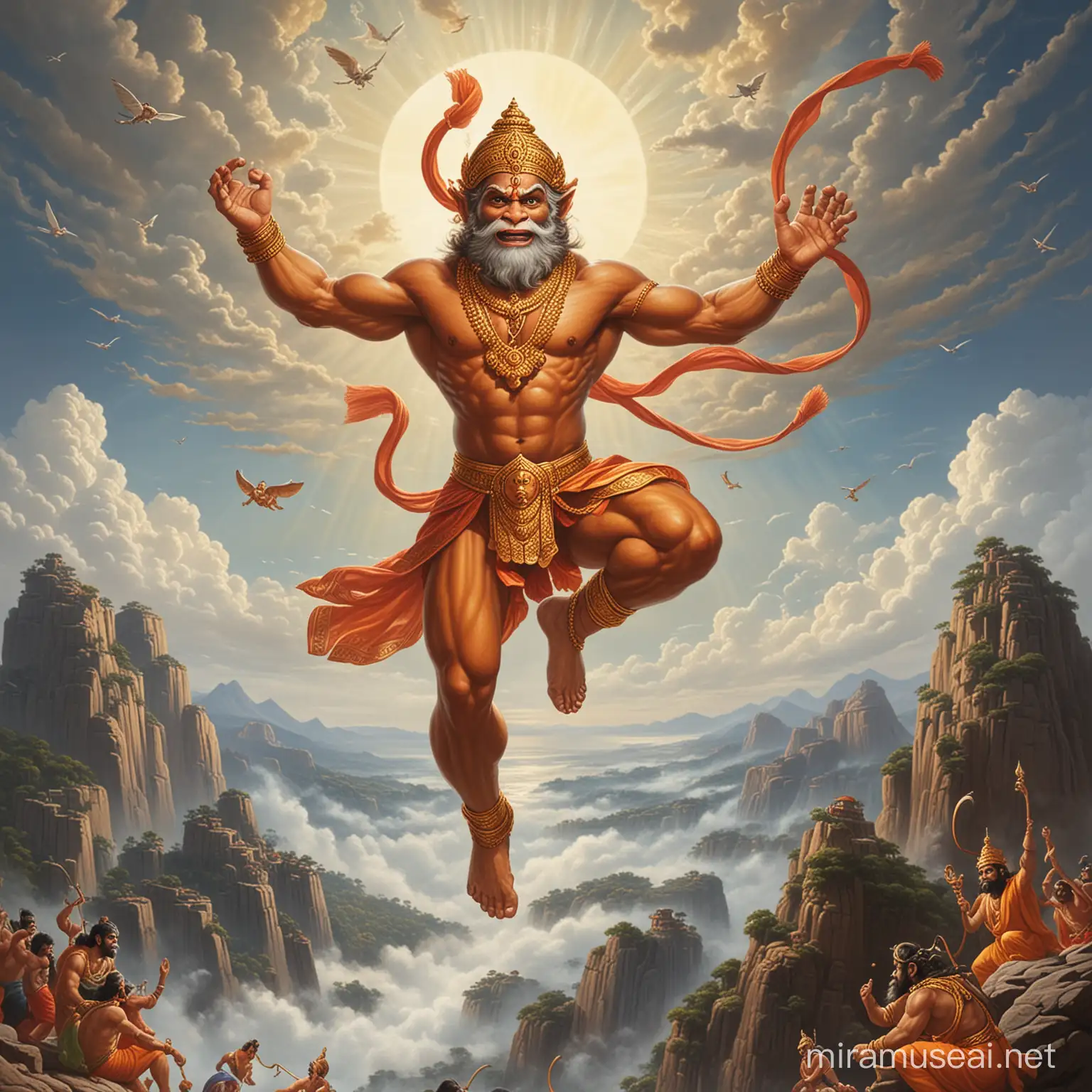 hanuman is flying with his gada