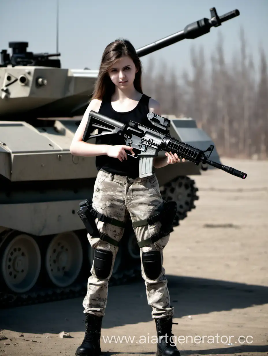 一个女孩握着自动步枪站在坦克旁边，