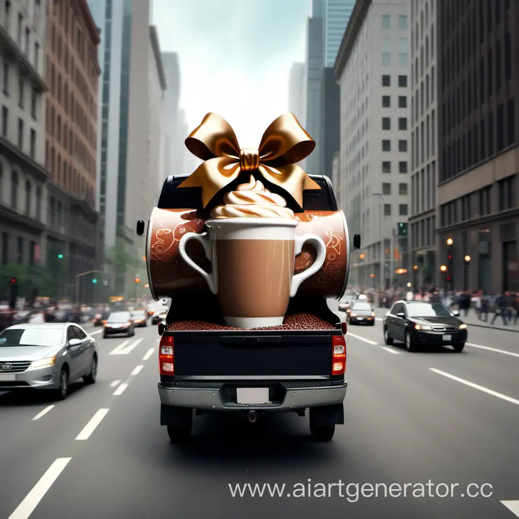 грузовик с огромной чашкой кофе, завязанный красивым бантом едет по городу