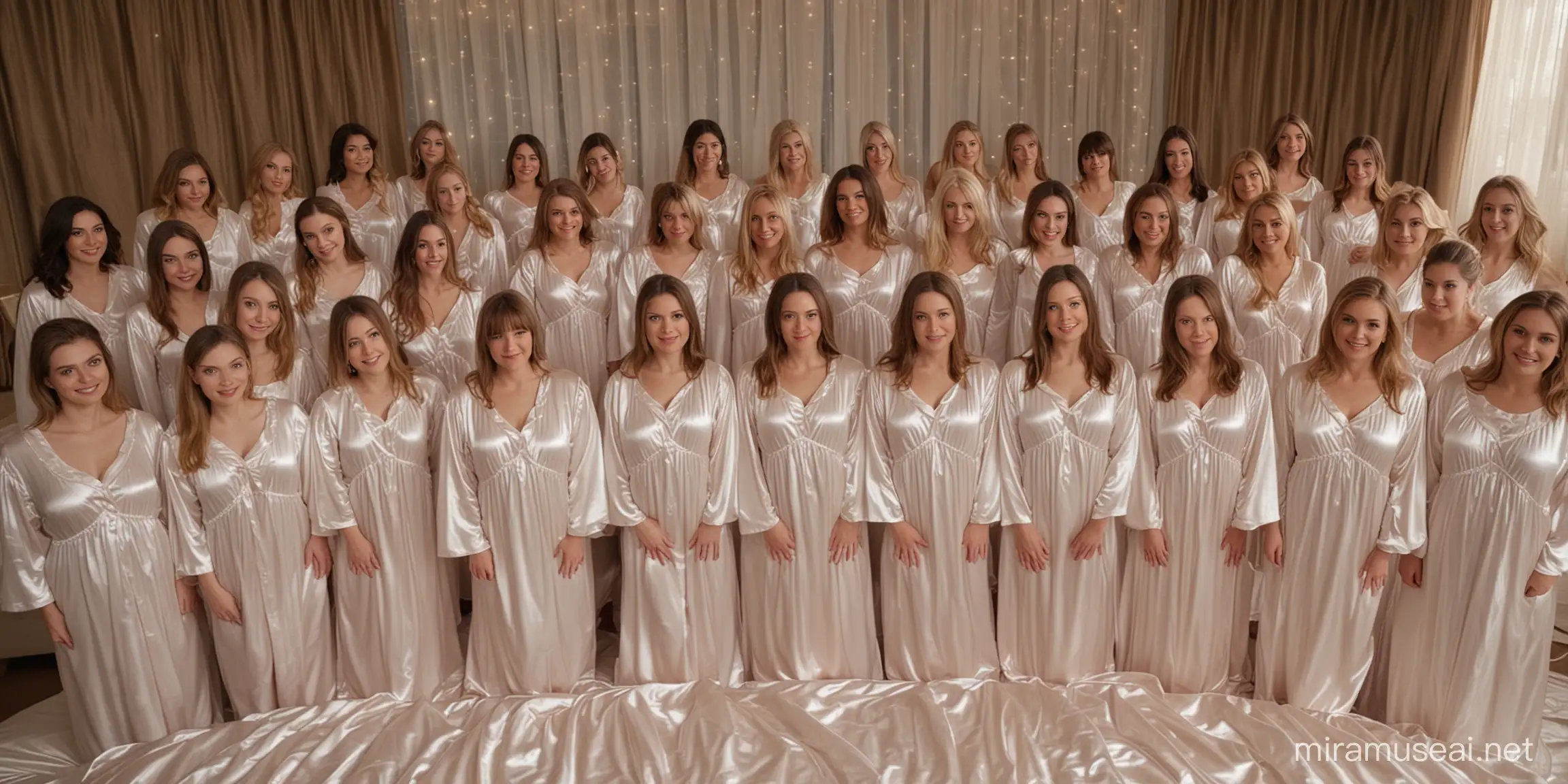Ethereal Gathering Serene Women in Satin Nightgowns on a Giant Bed