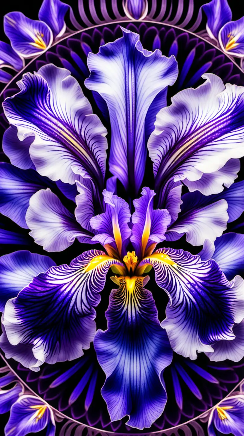 vivid iridescent color image of iris blossoms in a mandala style