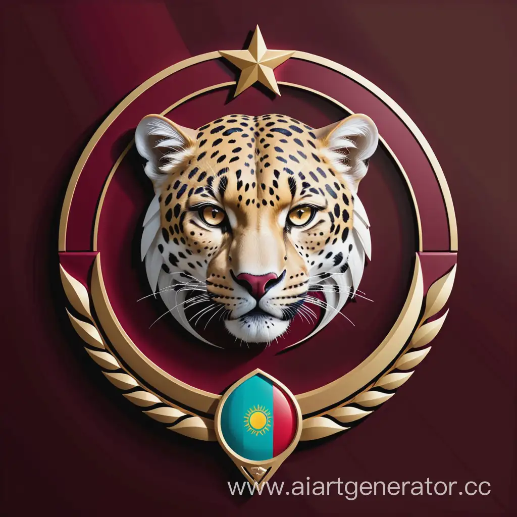 A bright and minimalistic military logo symbolizing the eternal brotherhood between nations. At the top, the inscription "eternal brotherhood - III" reflects the third manifestation of this connection. The central image is a ferocious white leopard in full face, symbolizing strength and courage. The flags of Kazakhstan, Azerbaijan, Turkey, Bahrain, Pakistan and Uzbekistan are elegantly placed behind the leopard, symbolizing the combined forces of these countries. The logo is made in a golden outline and burgundy color scheme, which attracts attention and reflects the unwavering spirit of the army.