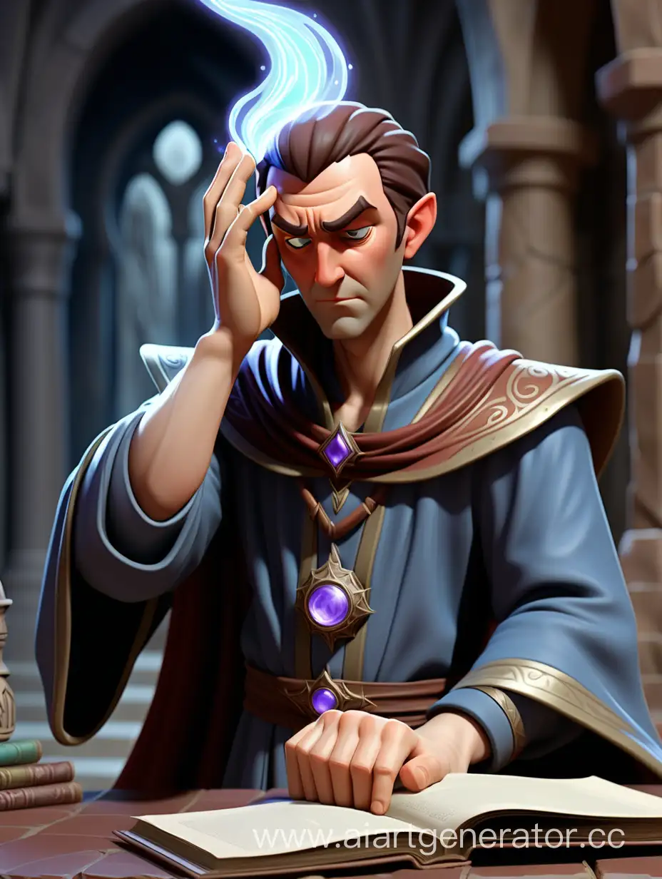 The mage holds one hand to his forehead, the other hand to his chest, his gaze directed at the second mage who stands at attention opposite him and does nothing. The mage's hand on his forehead is enveloped in magic as if he is casting a spell.
