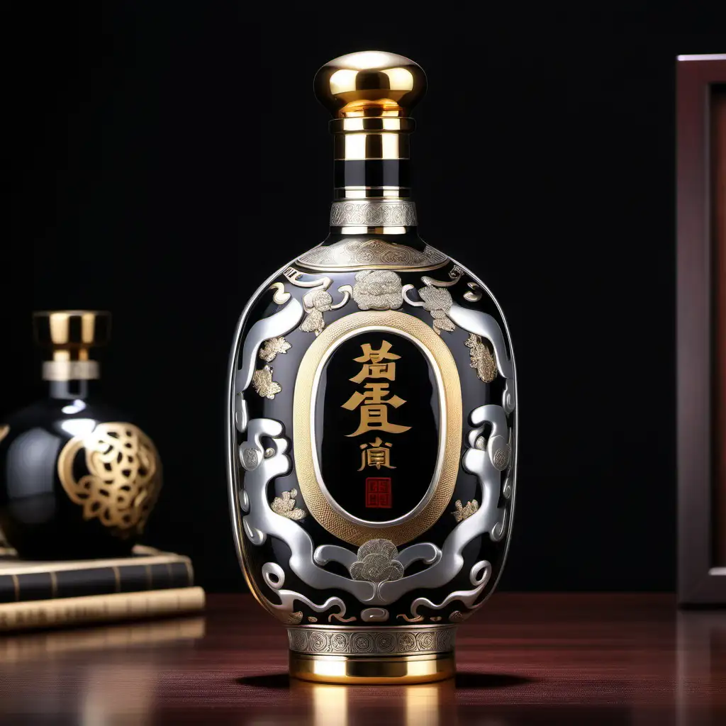 Chinese liquor bottle design, high end liquor, 500 ml ceramic bottle, photograph images, high details, silver and black color, golden decoration
