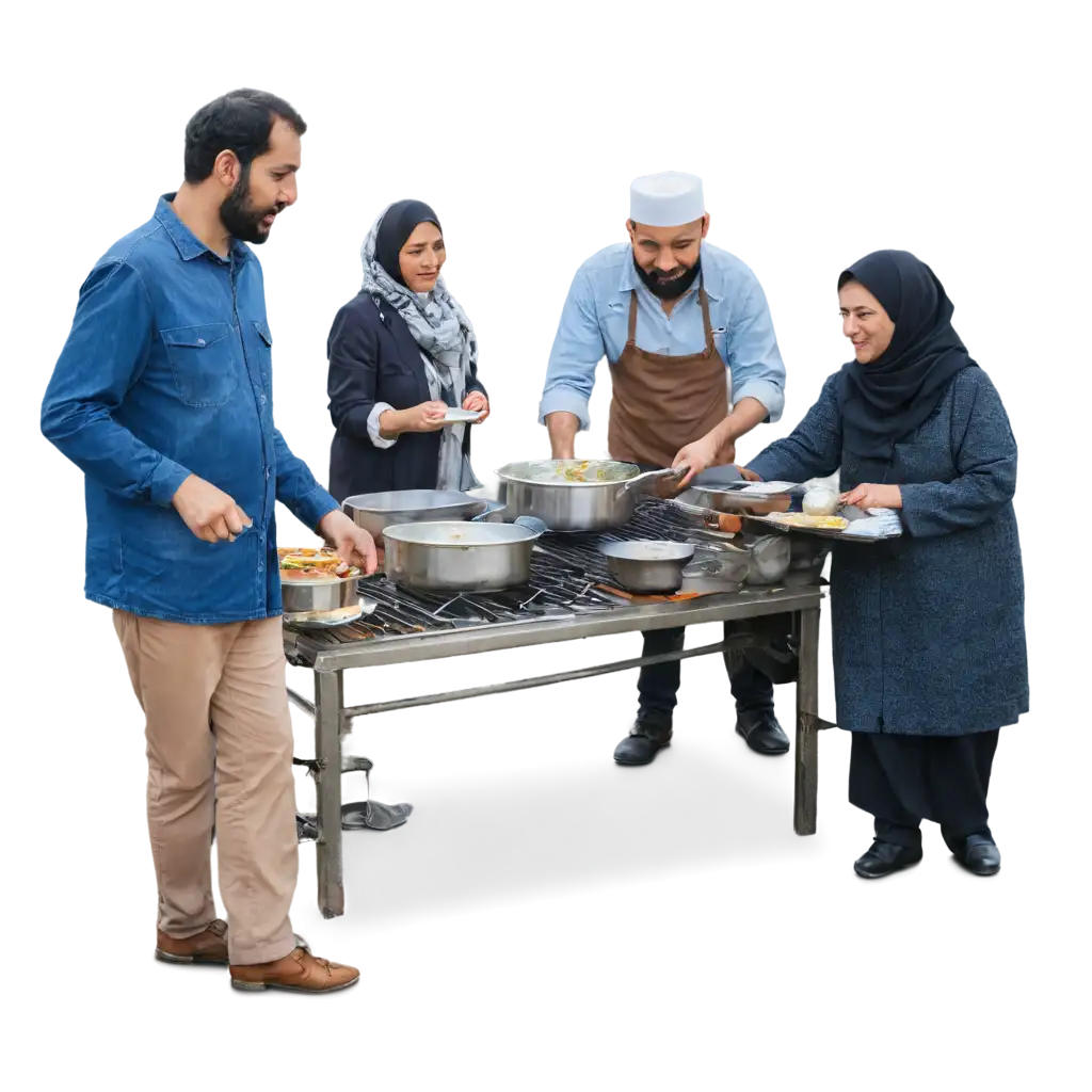 Group of syrian refugee old cooking together