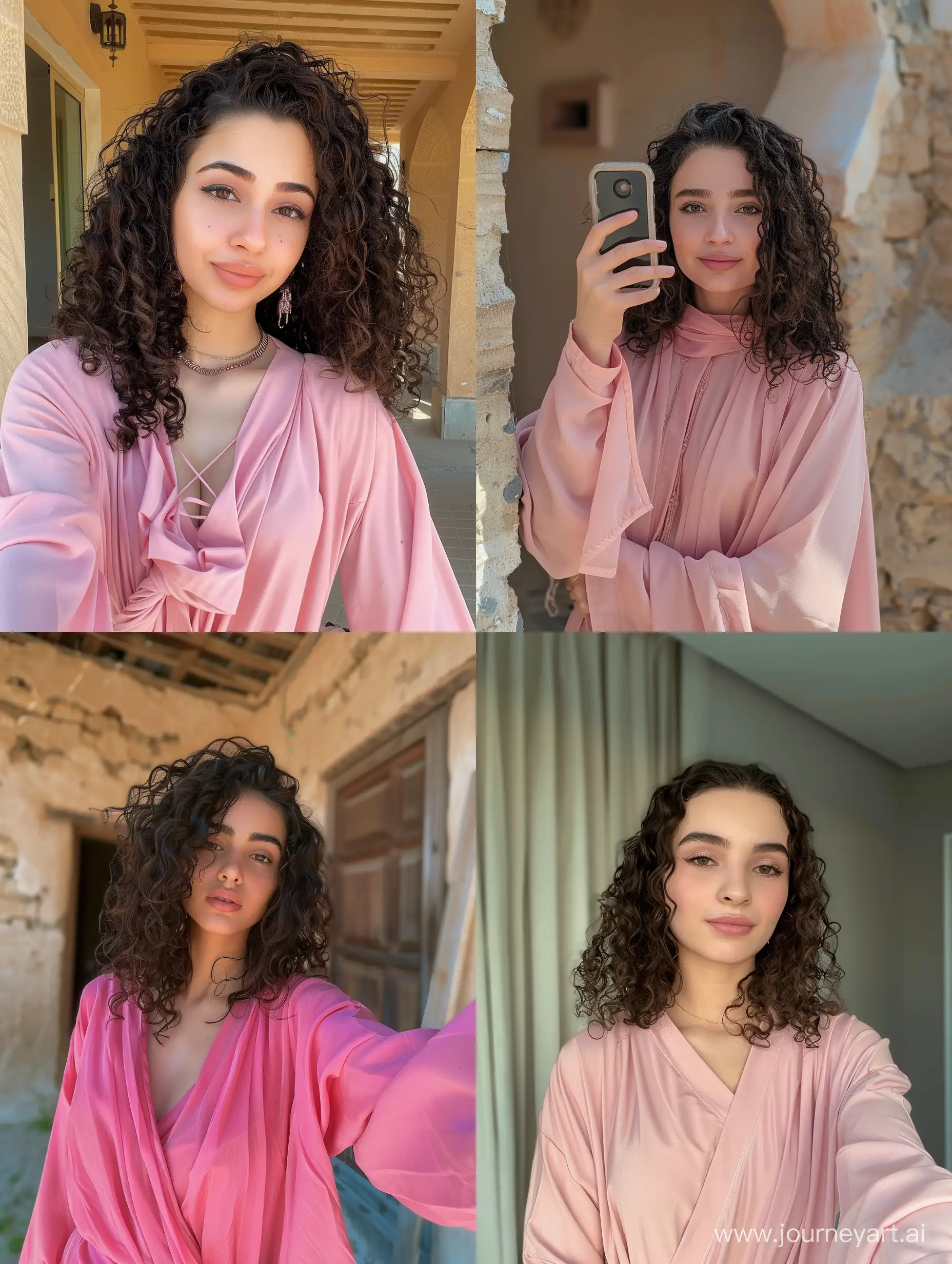  skiny round faced brunette girl with curly hair shoulder length waering pink abaya taking a mortor selfi