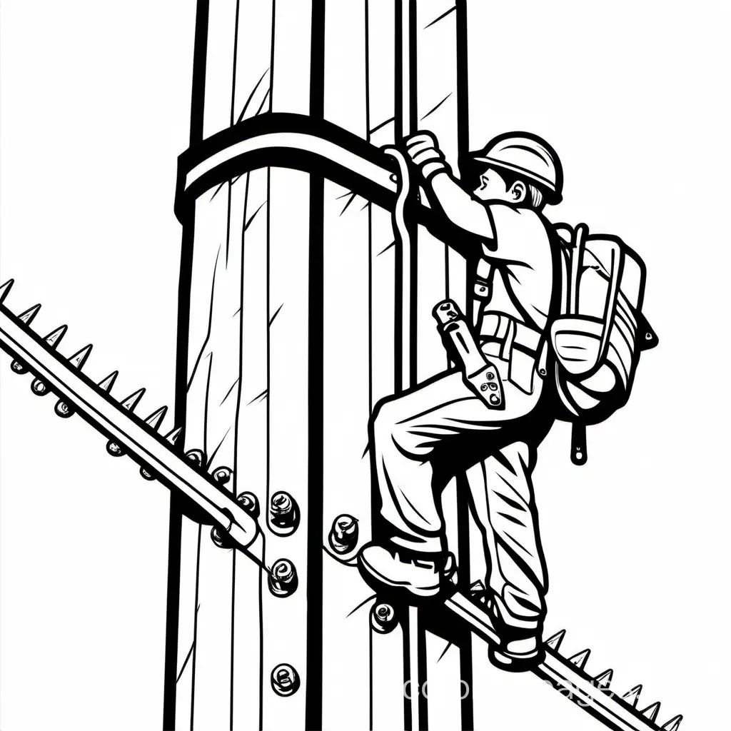 construction lineman climbing an electrical pole wearing climbing spikes , Coloring Page, black and white, line art, white background, Simplicity, Ample White Space. The background of the coloring page is plain white to make it easy for young children to color within the lines. The outlines of all the subjects are easy to distinguish, making it simple for kids to color without too much difficulty