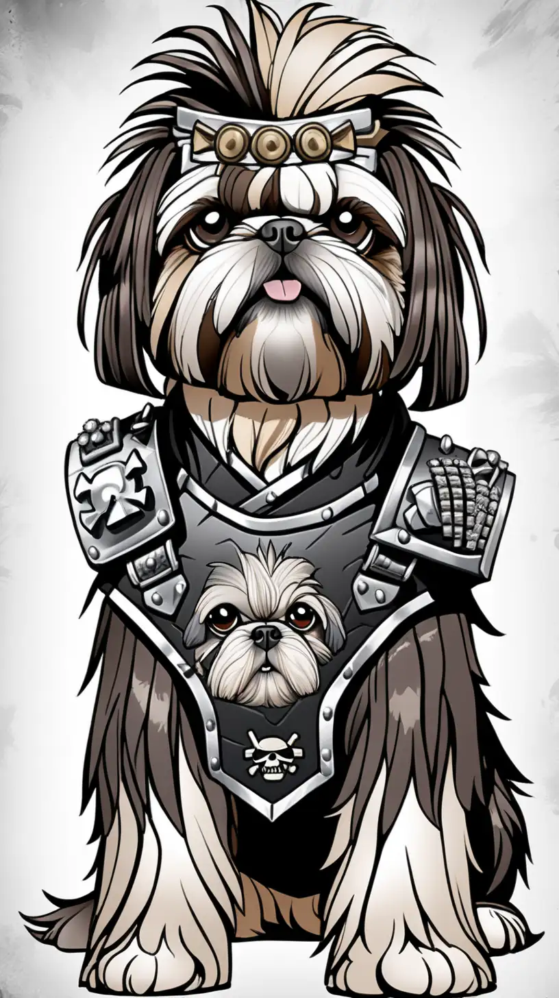 “Generate an artistic depiction of a rugged and resilient Shih Tzu warrior adorned with battle scars in a punk-inspired scene. Picture the Shih Tzu with punk attire, spiked accessories, and intricate tattoos reflecting its warrior spirit. Craft a visually compelling representation that captures the essence of a Shih Tzu with a history, exuding strength and defiance in this intriguing punk scene one head
