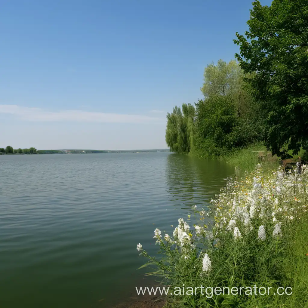 Пейзаж, озеро, берег. Венгрия. летняя погода. всё цветёт.