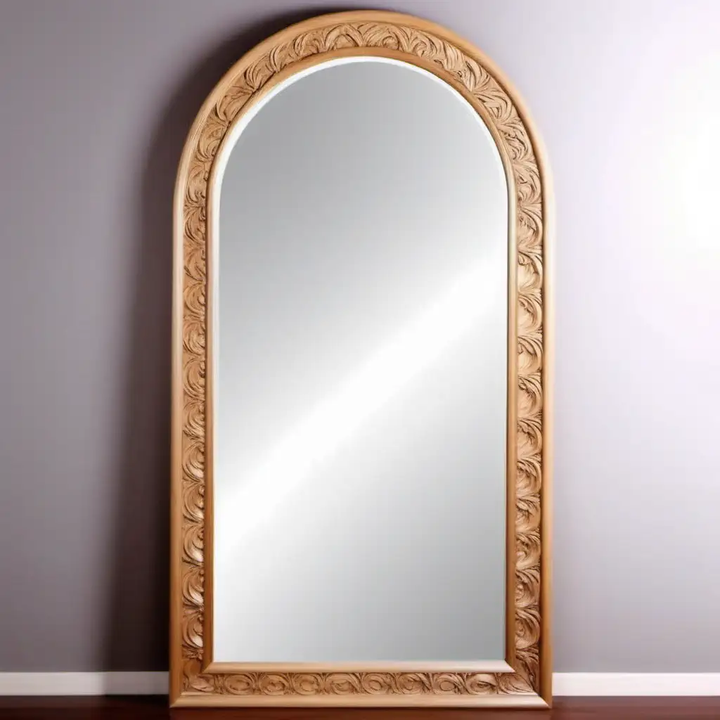 arch shape mirrors, wooden,  natural, top carving, leaner profile