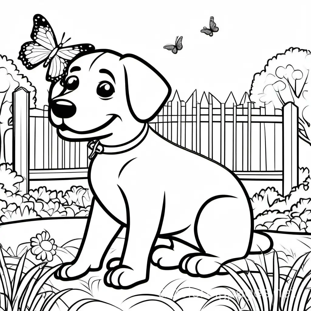 A dog in a park with a butterfly perched on its nose, Coloring Page, black and white, line art, white background, Simplicity, Ample White Space. The background of the coloring page is plain white to make it easy for young children to color within the lines. The outlines of all the subjects are easy to distinguish, making it simple for kids to color without too much difficulty.