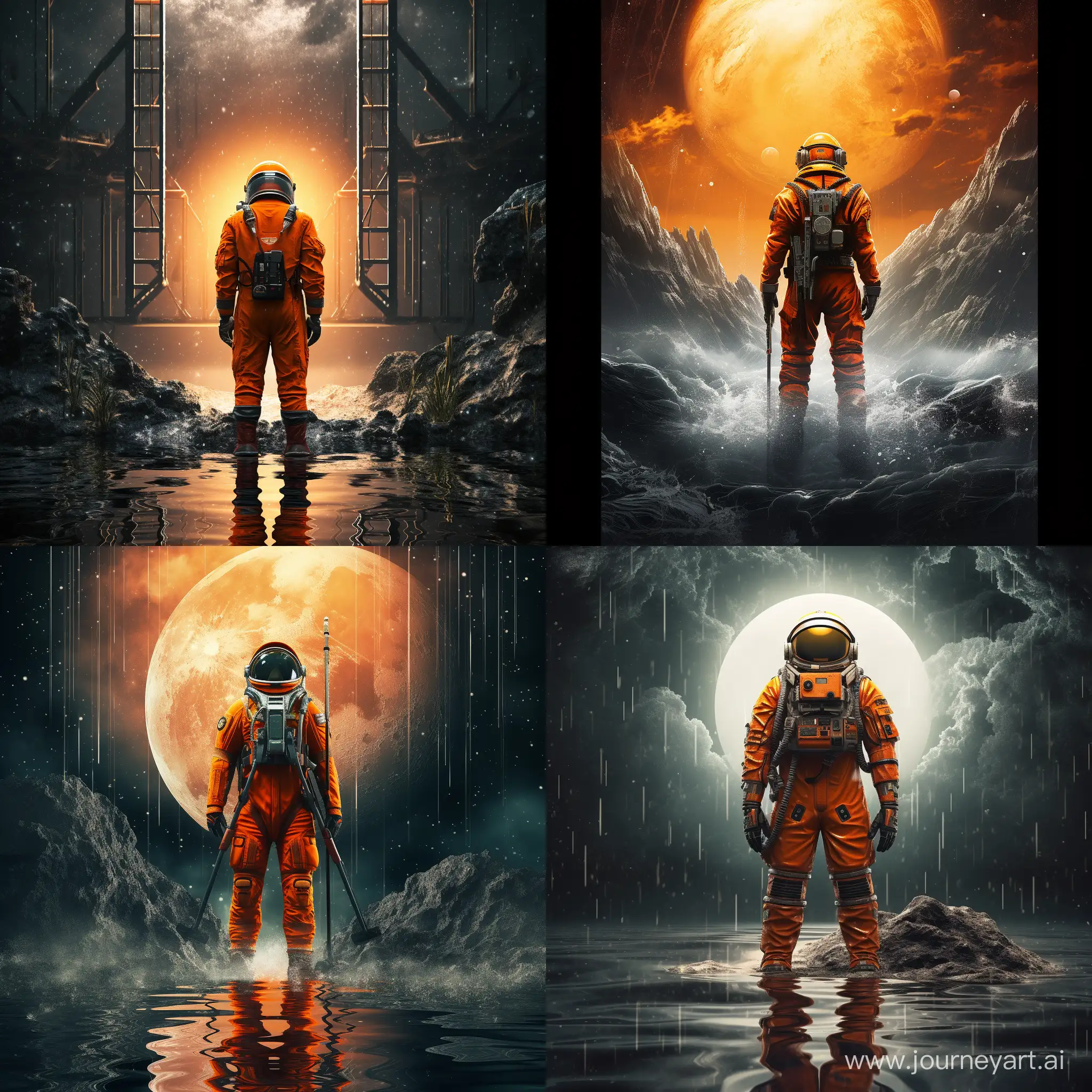 Retro sci fi astronaut in orange suit. He is standing under the heavy rain. Dark fantasy.