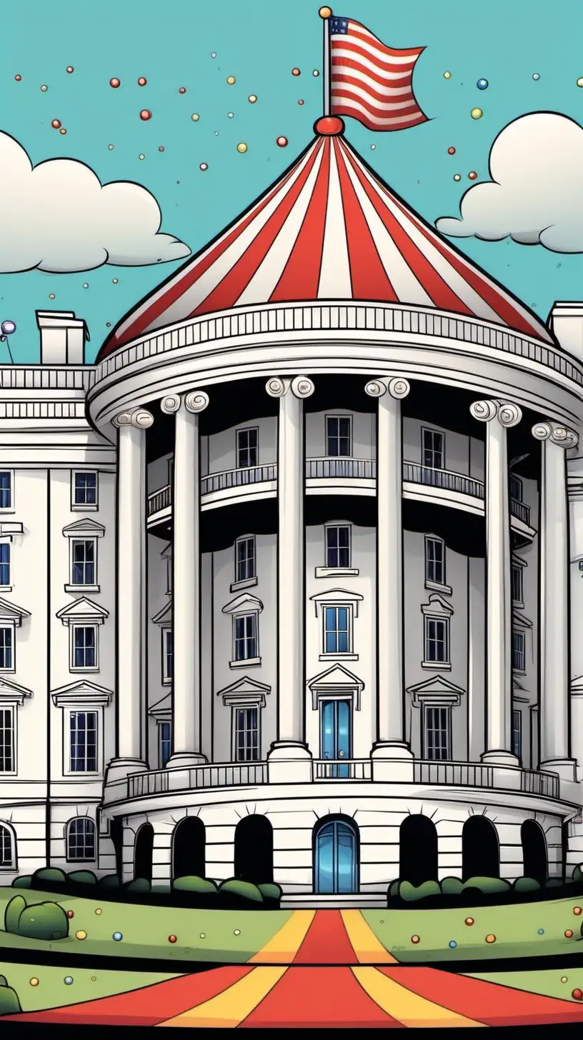 Whimsical Cartoon White House with Circus Vibes